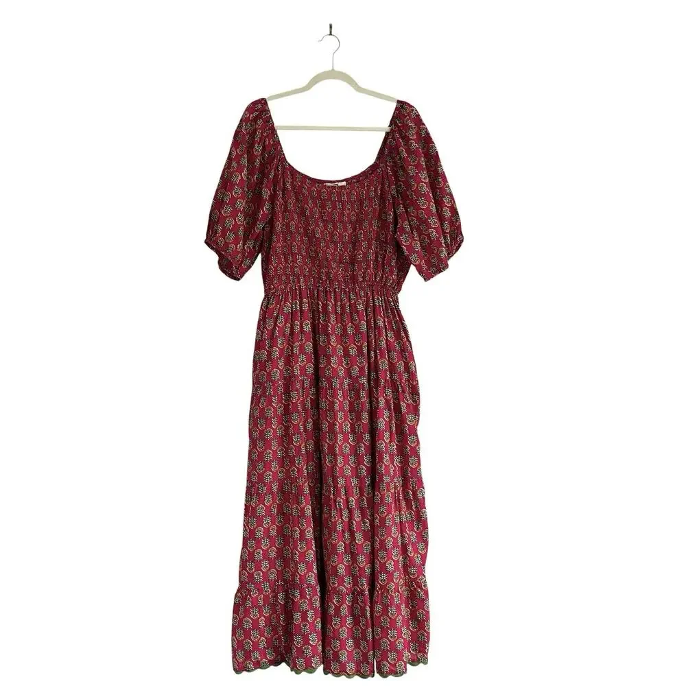 Anthropologie LEA Smocked Floral Cotton Maxi Dress Pockets 1X Country Chic Boho - Picture 2 of 8